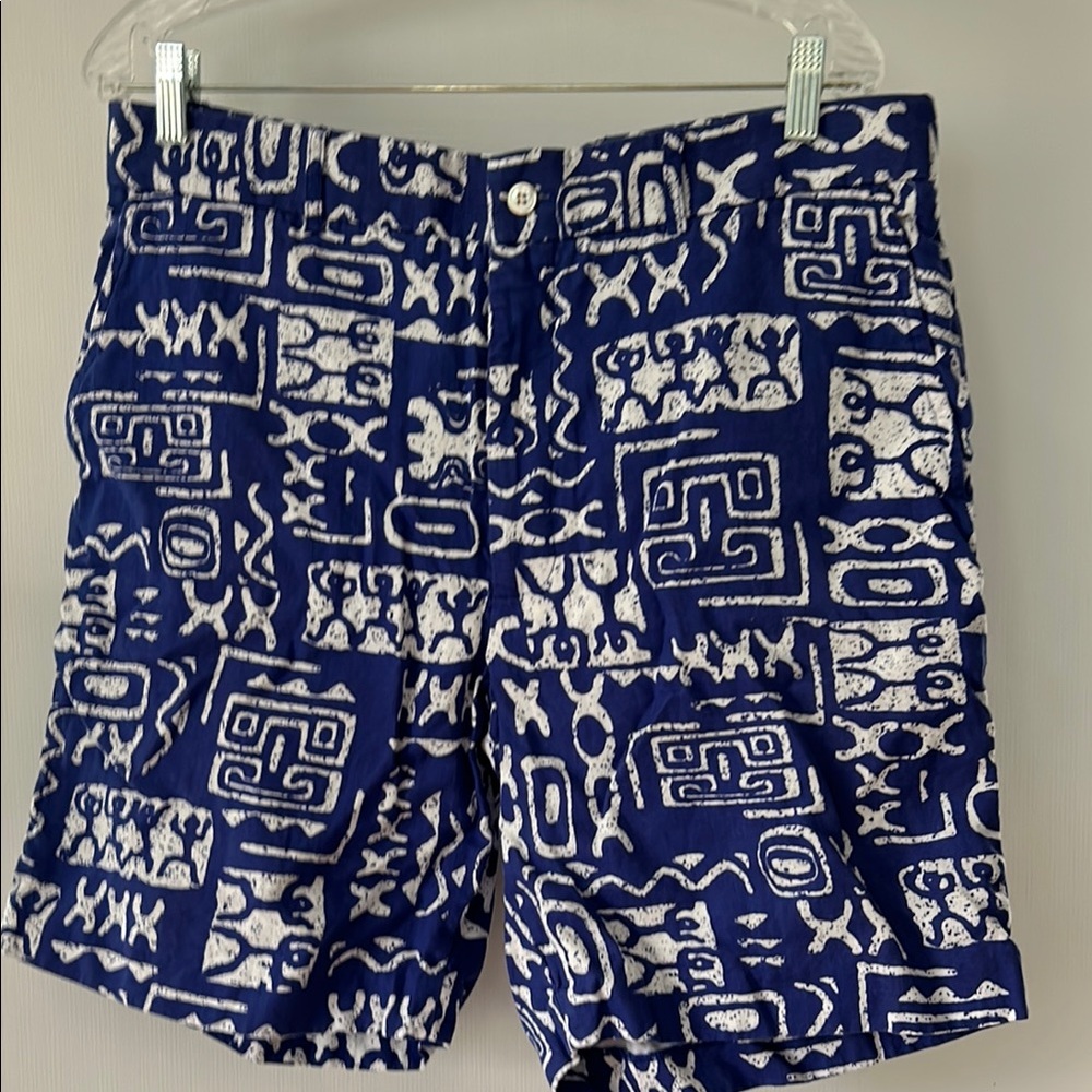 Blue and White Flat Front Geometric Pattern Shorts